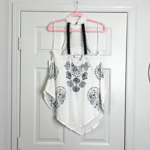 Free People Mandolin White and Navy Blue Crochet High Neck Halter Top - Picture 7 of 7